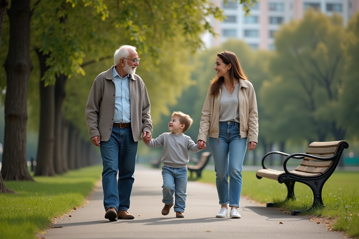 Trois générations marchant dans un parc urbain en famille