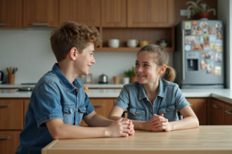 Jeune garçon et mère discutent à la cuisine chaleureuse