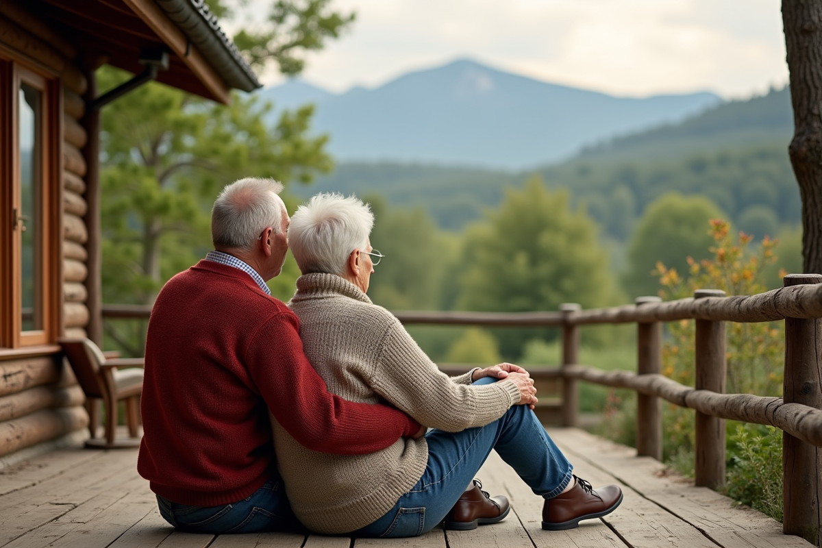 Couple âgé détendu sur une terrasse en campagne avec vue sur la montagne