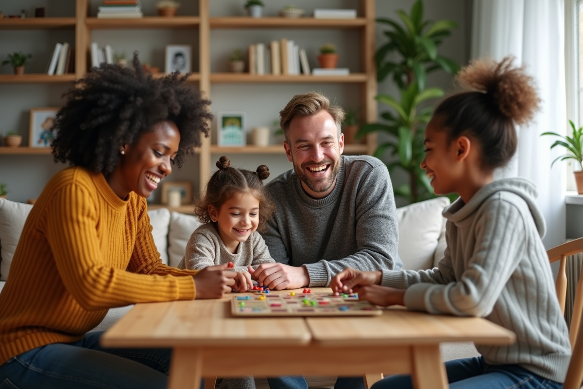 Famille souriante jouant à un jeu de société dans le salon