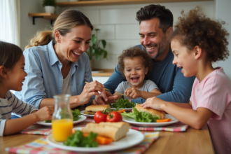Famille de quatre partageant un repas convivial à la maison