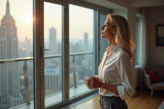 Femme d'âge moyen contemplant la skyline urbaine dans un appartement moderne