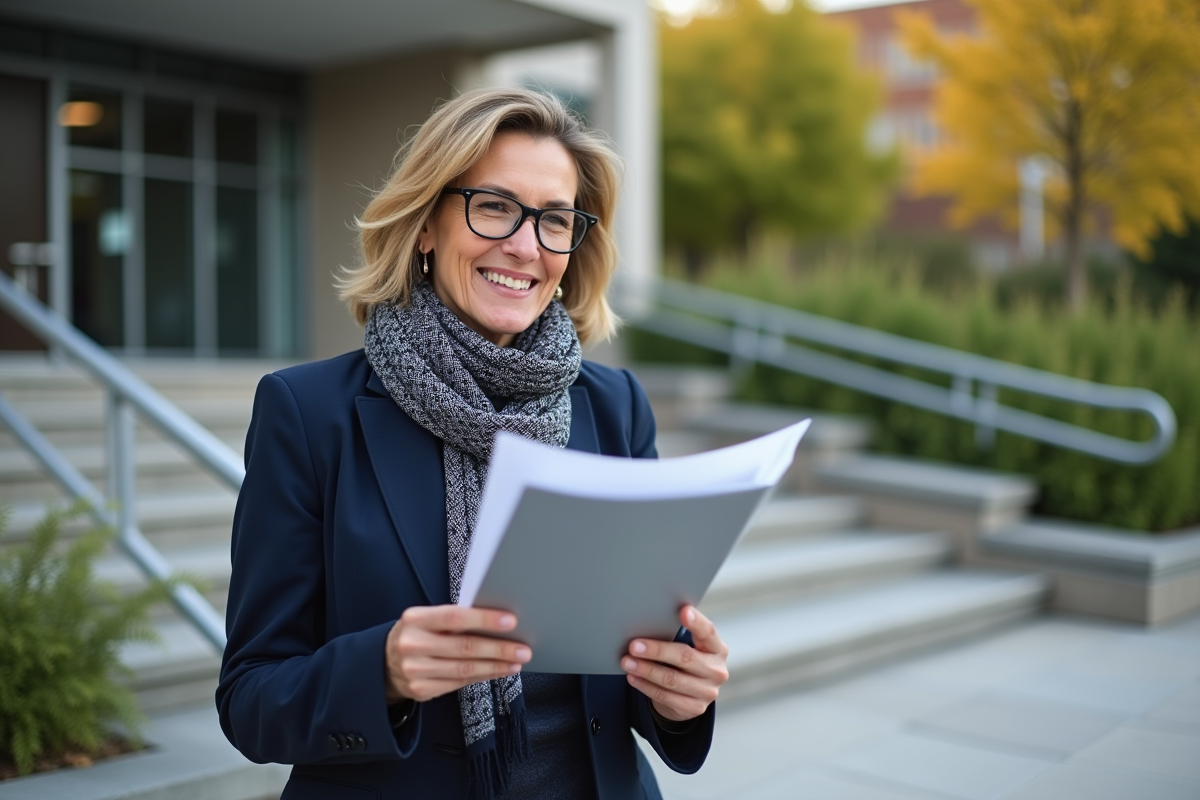Femme municipale souriante devant un centre communautaire