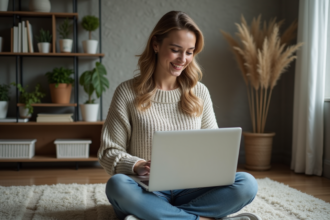 Jeune femme souriante travaillant chez elle avec son ordinateur