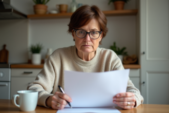 Femme lisant une lettre de taxe d'habitation dans la cuisine