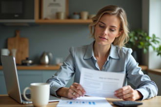 Femme en intérieur examinant des documents de prêt immobilier