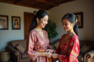 Femme en robe traditionnelle attachant une ceinture à sa fille