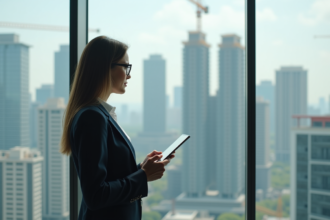 Femme professionnelle regardant la skyline urbaine