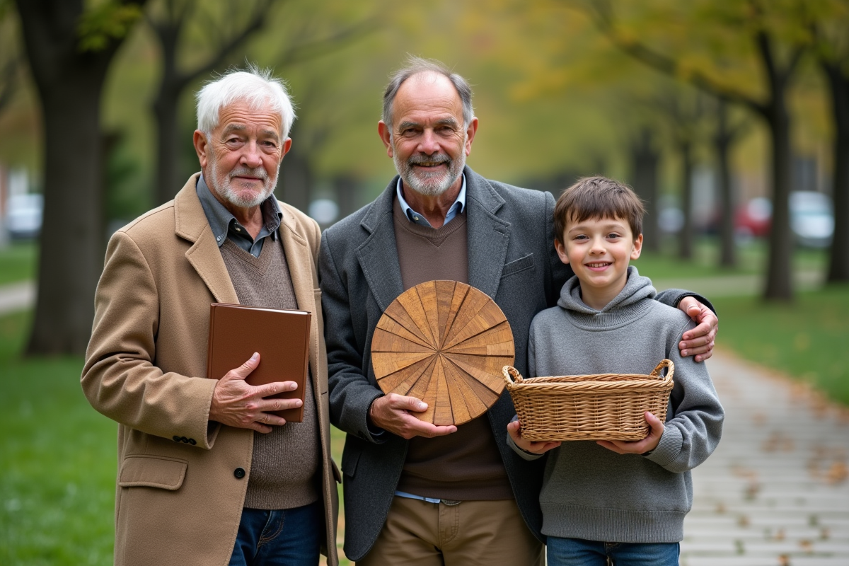 Groupe multigenerations avec objets culturels en plein air