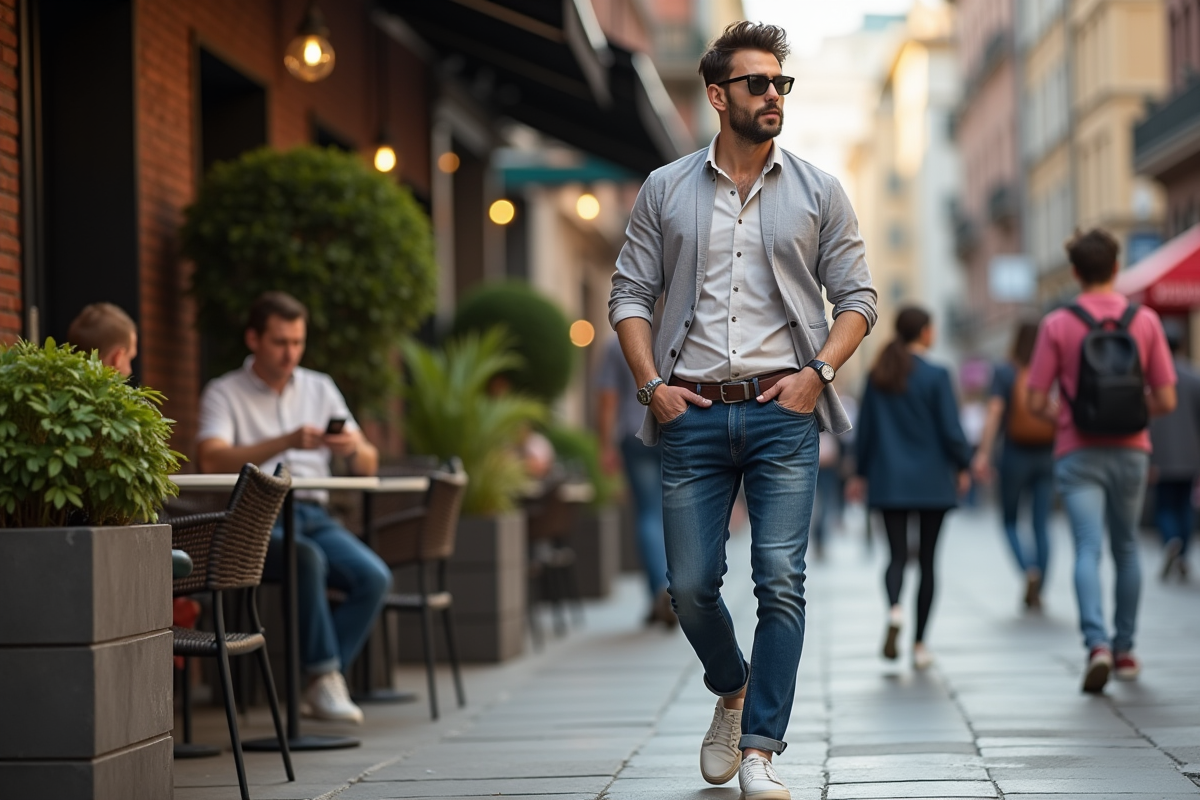 Homme en street style dans un café urbain animé