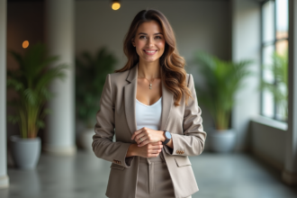 Jeune femme élégante en bureau moderne avec blazer