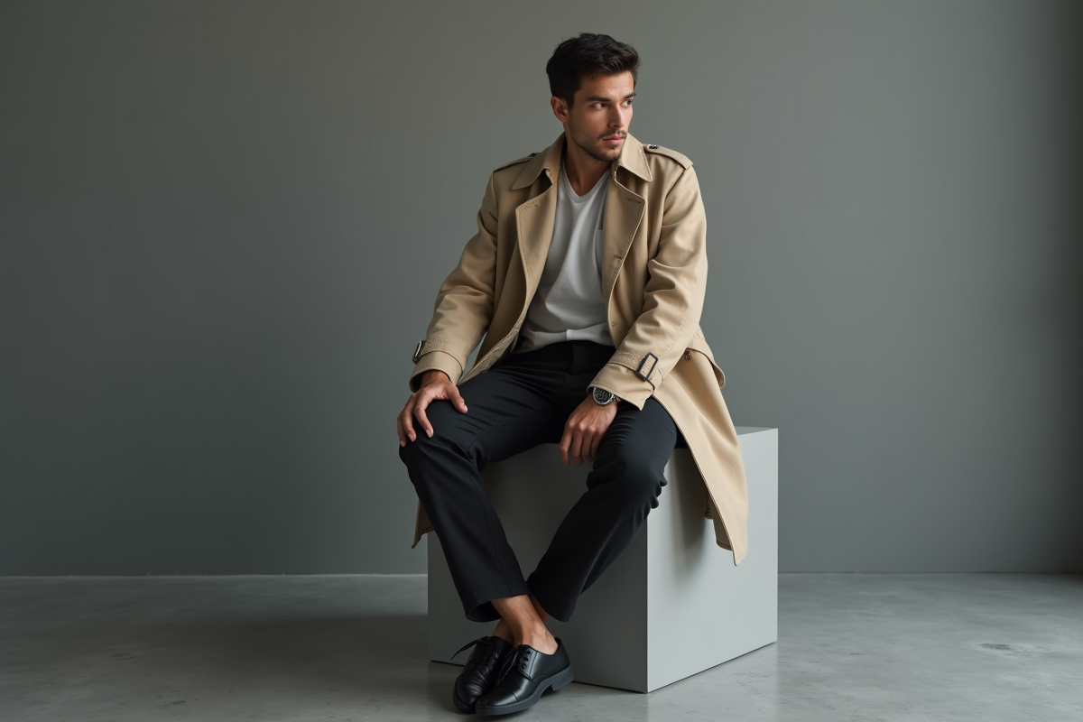 Jeune homme en trench coat dans un studio minimaliste