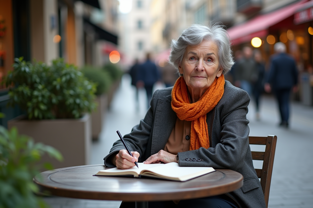 Personne non binaire âgée écrivant dans un café en ville