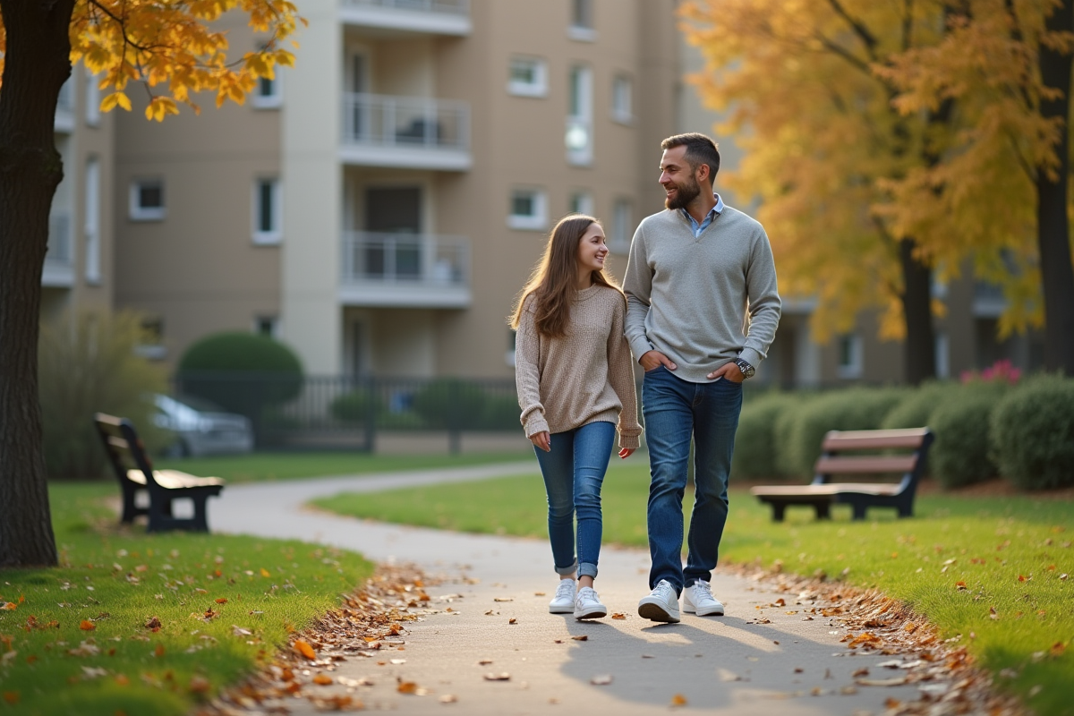 Fille et père marchent dans un parc verdoyant en souriant