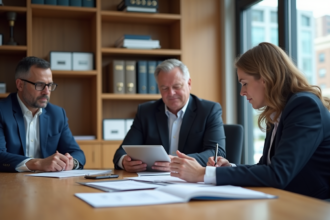 Trois agents municipaux en réunion dans un bureau moderne