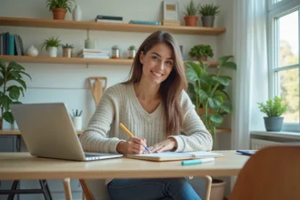 Femme en tenue décontractée dans un bureau lumineux