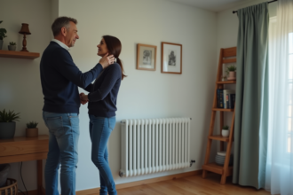 Femme examinant un radiateur électrique moderne dans un salon cosy