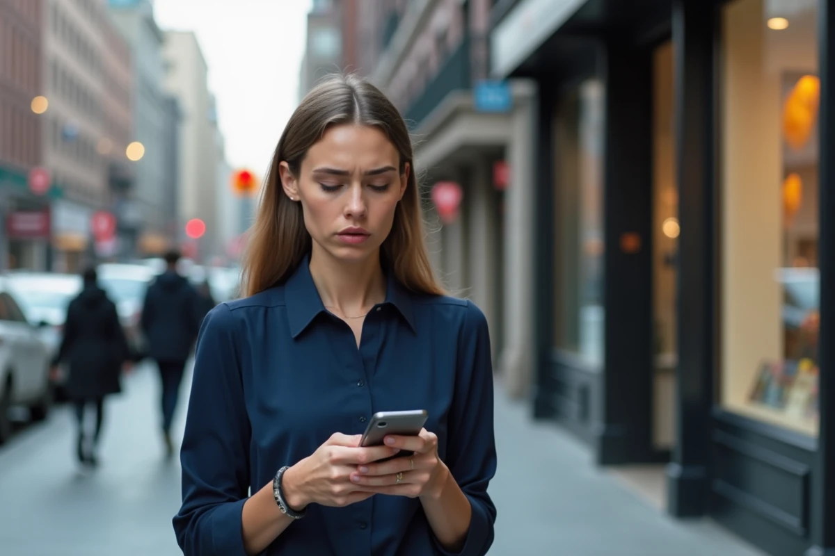 Jeune femme sceptique regardant son smartphone en ville