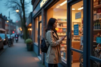 Femme vérifiant horaires devant point relais Mondial Relay