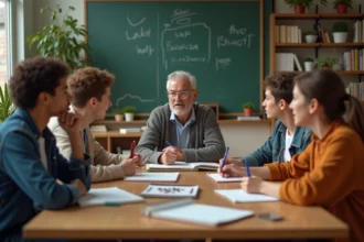 Groupe d'étudiants et professeur en discussion en classe