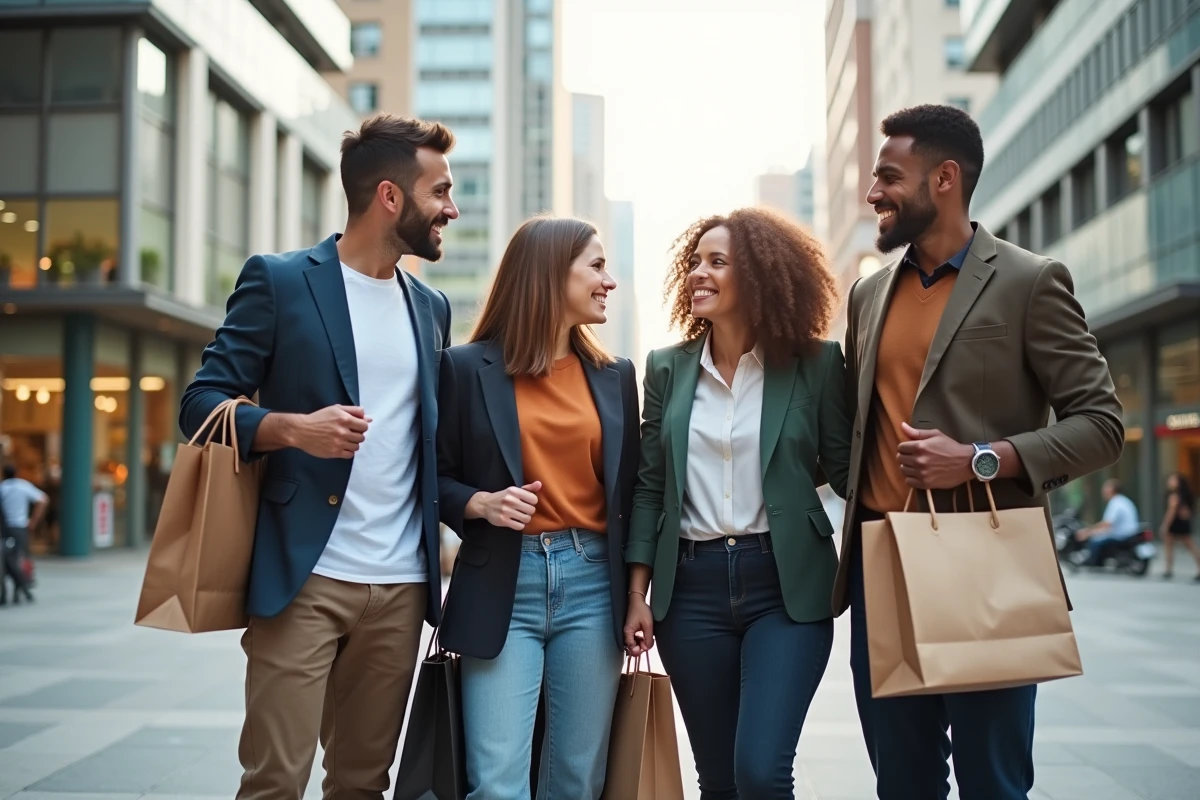 Groupe de jeunes professionnels dans une place urbaine animée