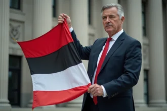 Homme en costume déployant un drapeau tricolore devant un bâtiment officiel