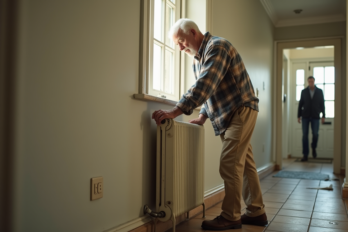 Homme âgé retirant un radiateur électrique ancien dans un couloir lumineux