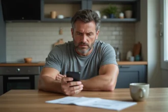 Homme d'âge moyen hésitant avant de répondre à son smartphone