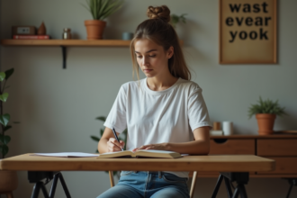 Jeune femme concentrée à étudier dans son appartement