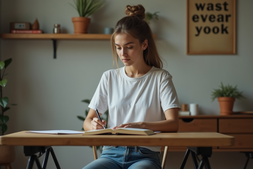 Jeune femme concentrée à étudier dans son appartement