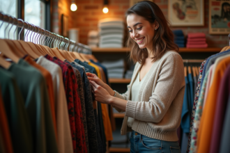 Jeune femme souriante dans une friperie vintage