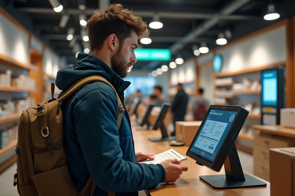Jeune homme scannant un colis dans un point relais moderne