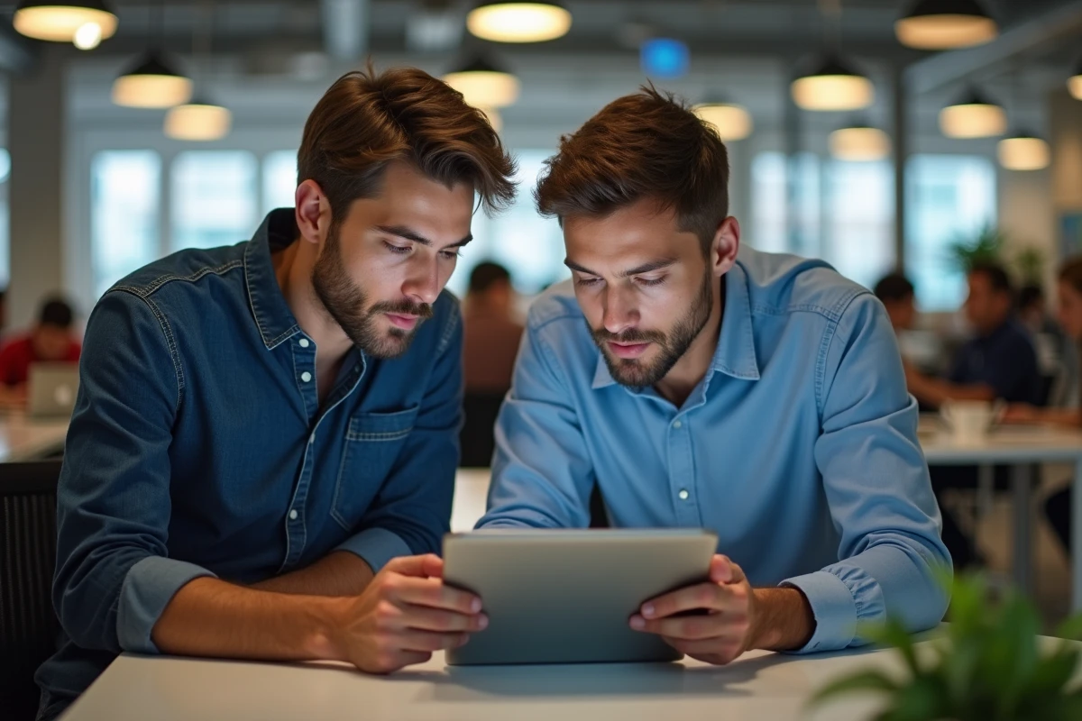 Jeune homme au coworking analysant des données sur une tablette