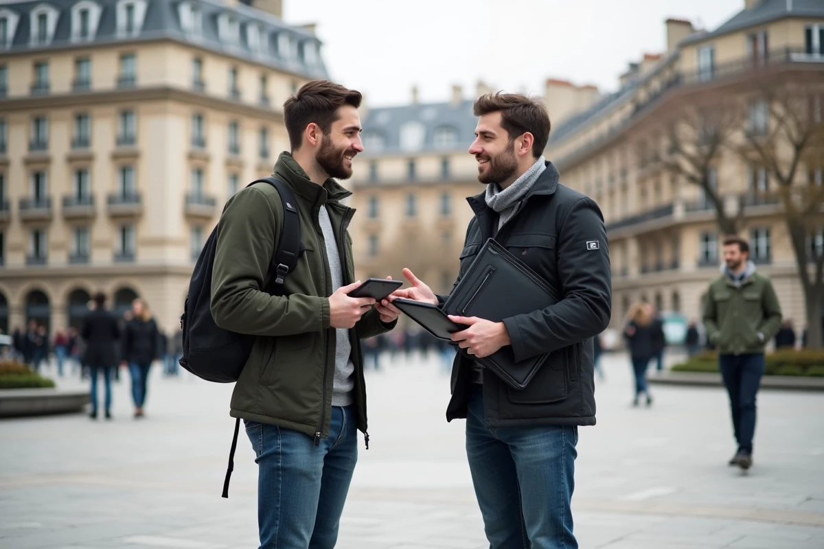 Deux jeunes hommes discutant dans une place parisienne