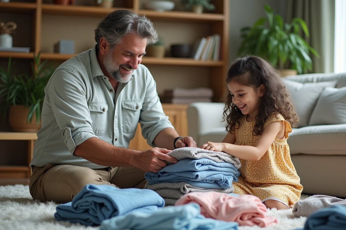 Père et fille triant des vêtements dans le salon