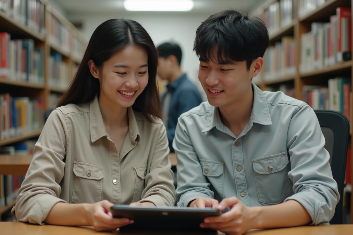 Deux amis partageant un manga dans une bibliothèque calme