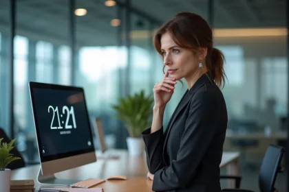 Femme professionnelle regardant une horloge digitale au bureau