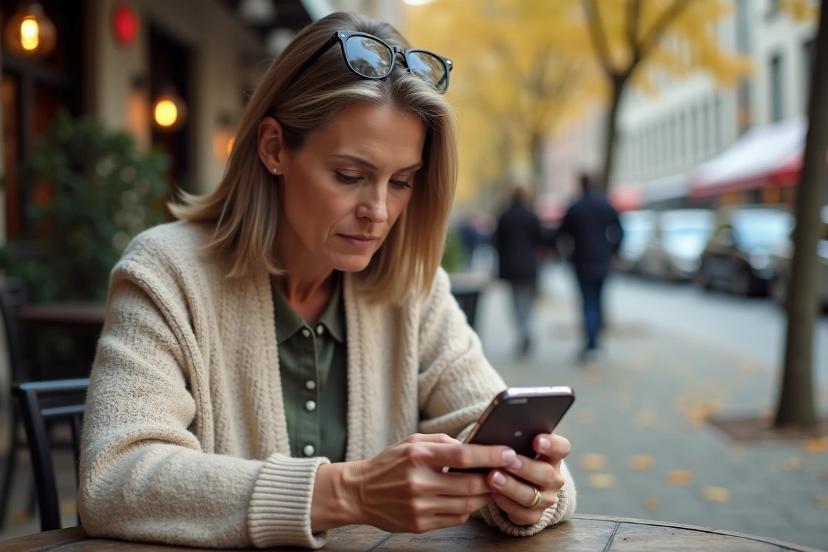 Femme assise au café comparant des applications sur son smartphone