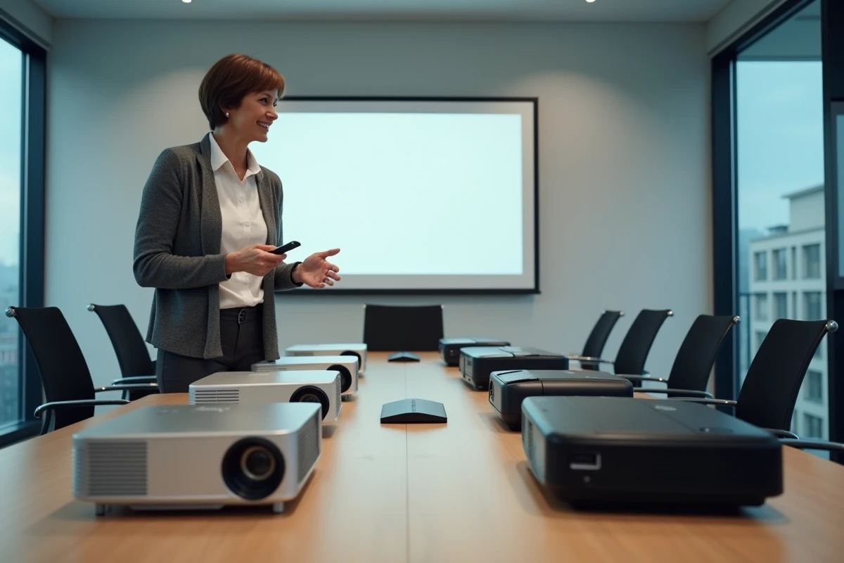 Femme montrant plusieurs projecteurs en réunion