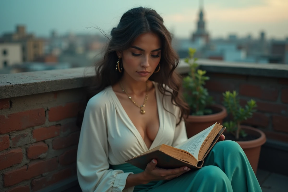 Femme moderne lisant un livre sur un toit en ville au crépuscule