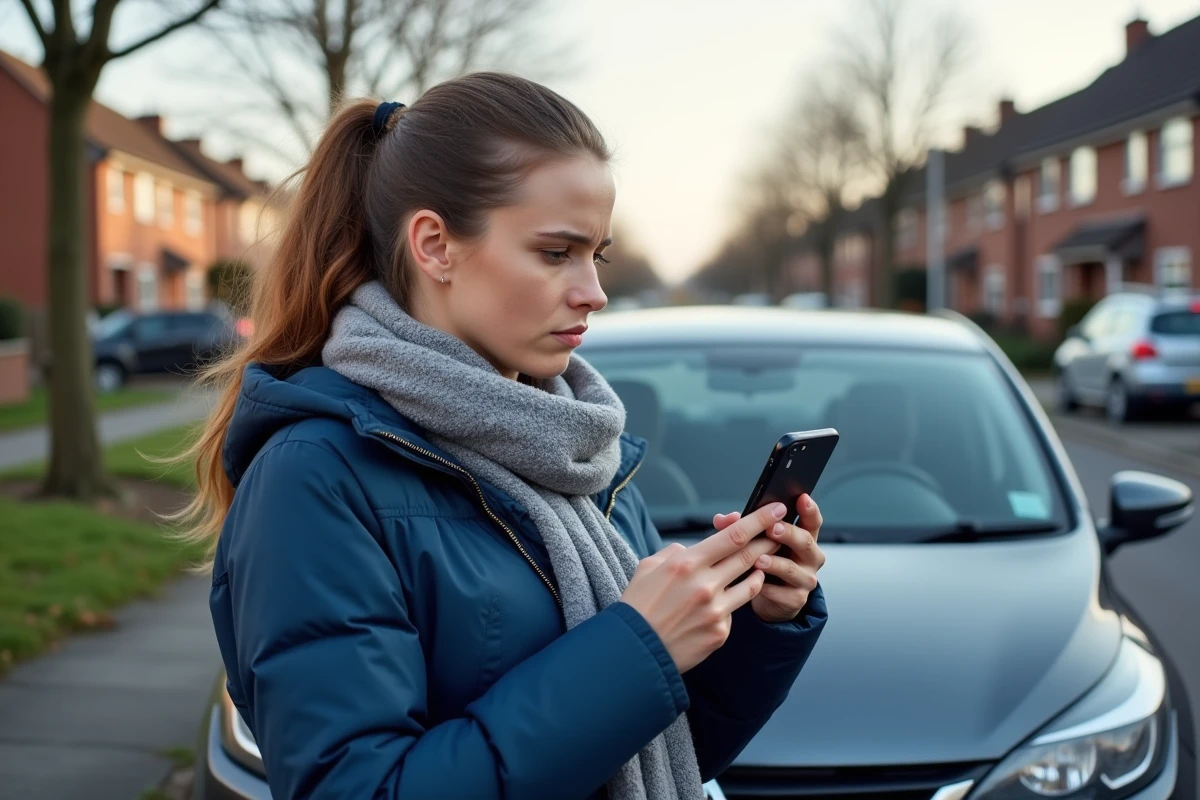 Femme dehors regardant sa radio sur son smartphone