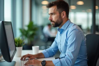 Homme d affaires vérifiant sa feuille de temps numérique