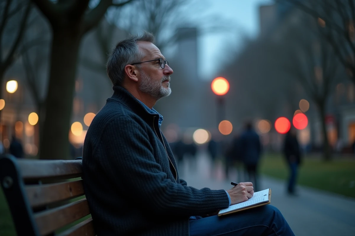 Homme en ville assis sur un banc pensif au crépuscule