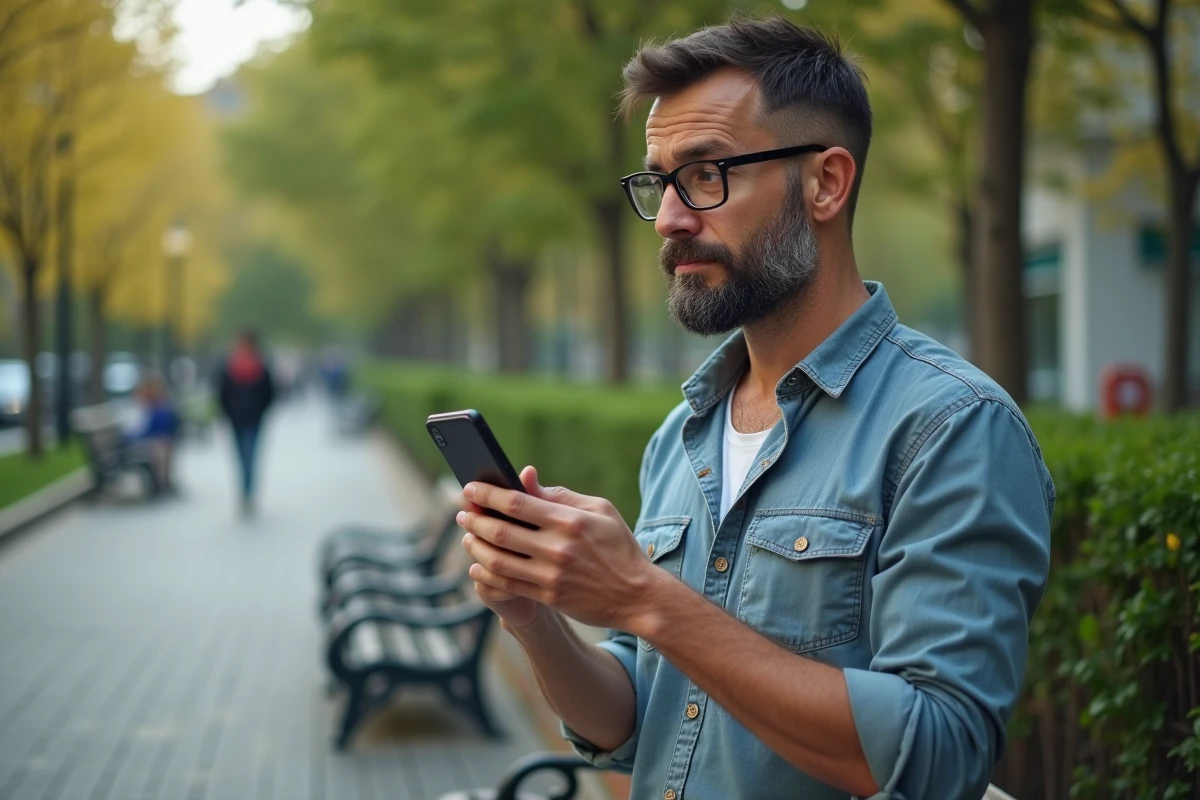 Homme pensif regardant un test de personnalité en extérieur