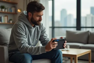 Homme dans un appartement urbain tenant une radio portable