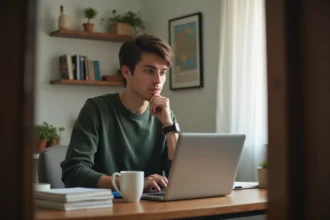 Jeune adulte réfléchissant avec un quiz politique sur un ordinateur