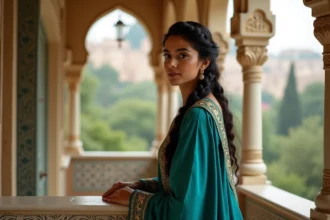 Jeune femme méditerranéenne regardant au loin sur un balcon royal