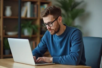 Jeune homme concentré sur son ordinateur dans un bureau moderne