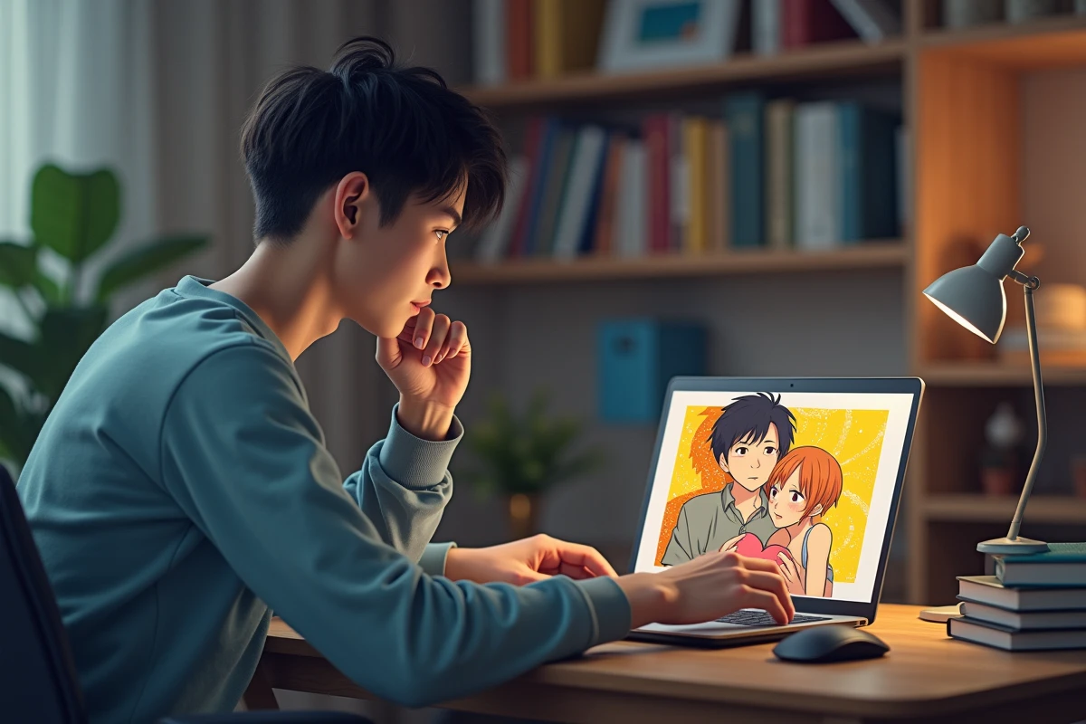 Jeune homme lisant un manga sur son ordinateur à la maison