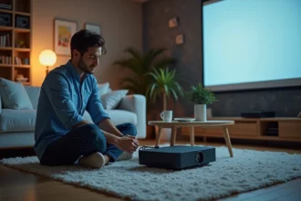 Jeune homme en salon avec projecteur moderne